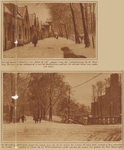 873500 Collage van 2 foto's betreffende de onverwachte sneeuwval in de stad Utrecht, met boven een gezicht op het ...